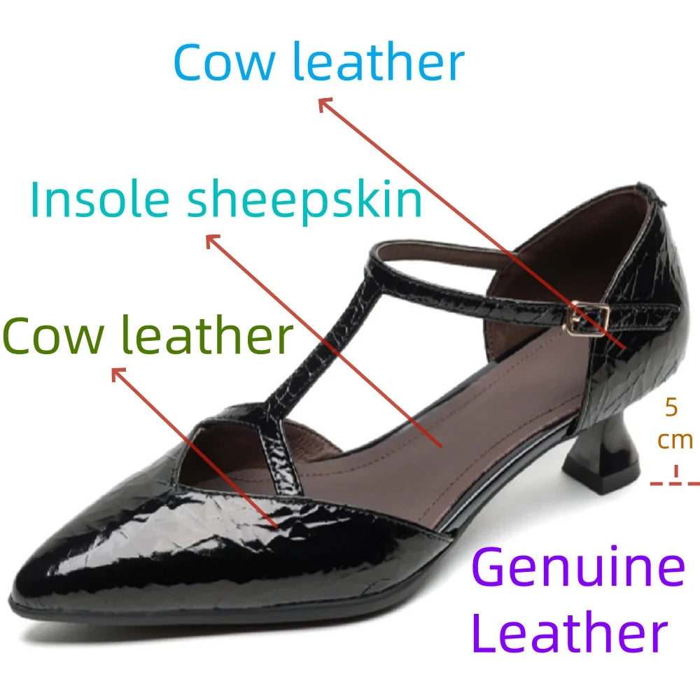 Summer Women Handmade Brand Genuine Leather Sandals Mid Heels Buckle Shoes Designer Pointed Toe Pumps 34-40