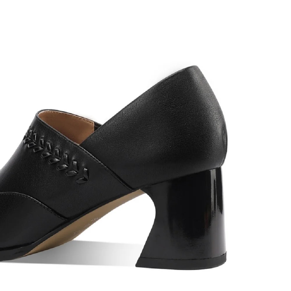 Comfortable Handmade Genuine Leather High Heels Chunky Heel Women's Shoes Versatile Deep Mouth Single Shoes 34-43