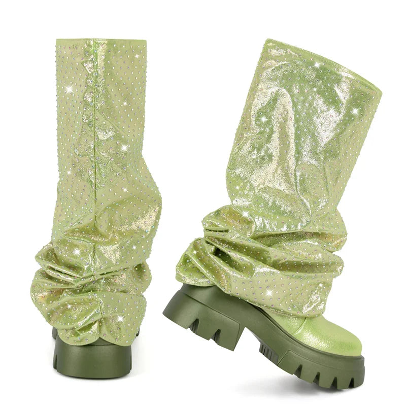 Women  Round Toe Fold Over Mid-Calf Webs Handmade Female Fashion  Pull On Slouch Boots