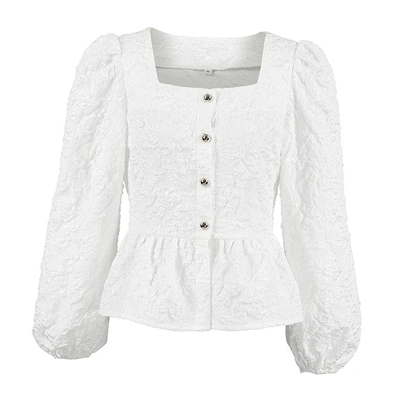 2026 Fashion New Style High-End Jacquard Shirt Square Neck Puff Sleeve Shirt For Women Versatile Long Sleeve Tops 1A1756