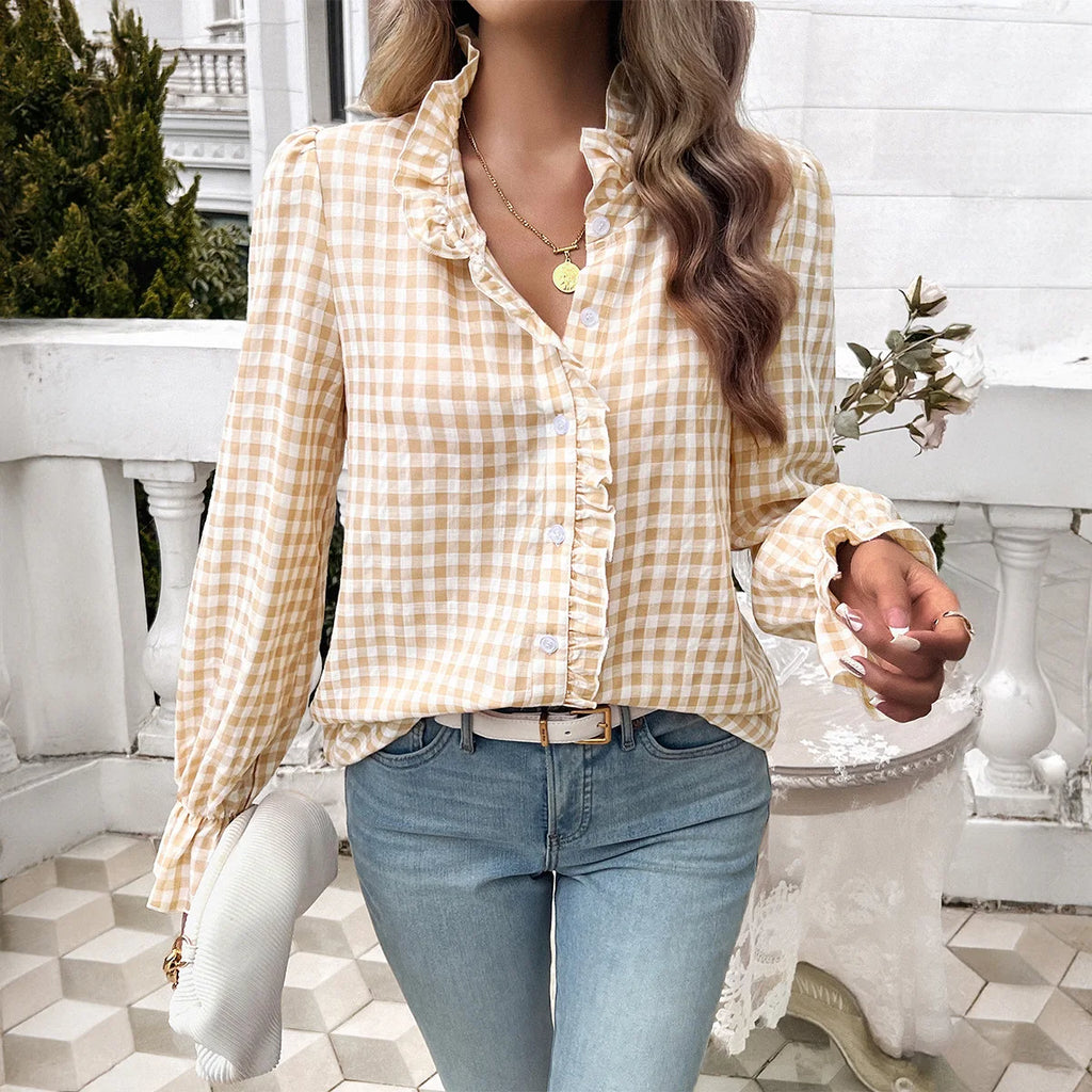 2026 Autumn Elegant Ruffles Trim Shirts Spring Women Long Sleeve Loose Tops Gingham Casual Ruffled Cuffs Shirts Camisas Mujer