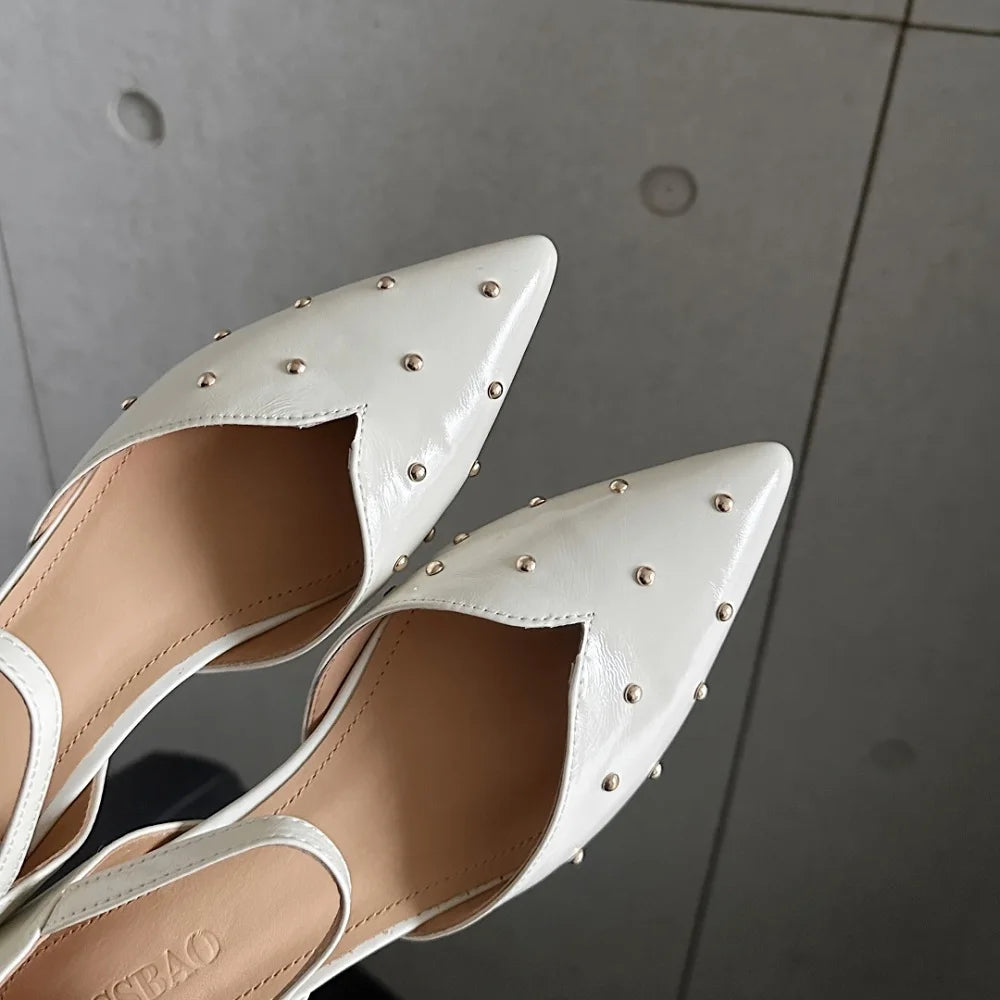 Women Handmade Genuine Leather Soft and comfortable Pointed Toe Strange Heel Rivet Shallow Buckle Strap Shoes