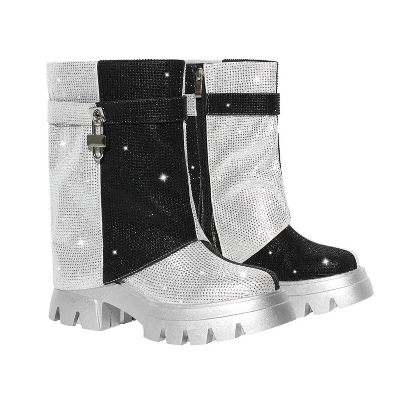 Women Fold Over Rhinestone Trim Boots Round Toe Handmade Female Side Zipper Mid-Calf Boots