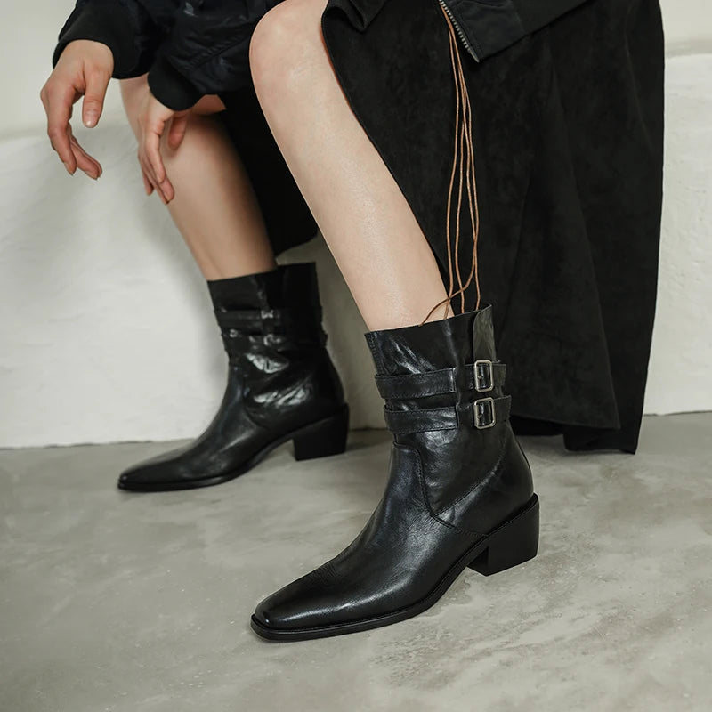 New Women Handmade Genuine Leather Soft and comfortable Ankle Boots Sexy Square Toe Mid Heels Casual 34-40