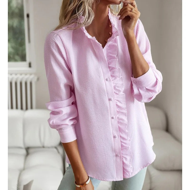 2026 Autumn Women's Commuting Striped Long Sleeve Blouse Female Elegant Casual shirt Spring Fashion Stripe Patterned Puffy Tops