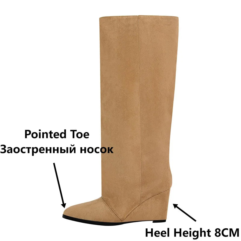 Onlymaker Woman Pointed Toe Wedge Heel Knee High Boots Winter Fashion Pull-On Handmade Boots
