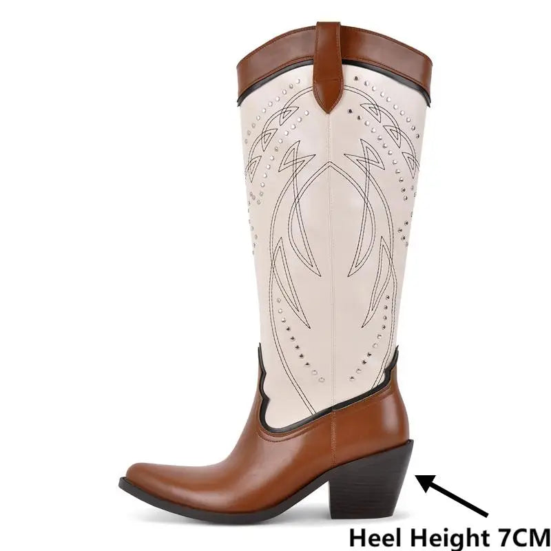 Onlymaker Women Pointed Toe  Embroidery Cowboy Boots Mid Calf  Western Cowgirl Boots