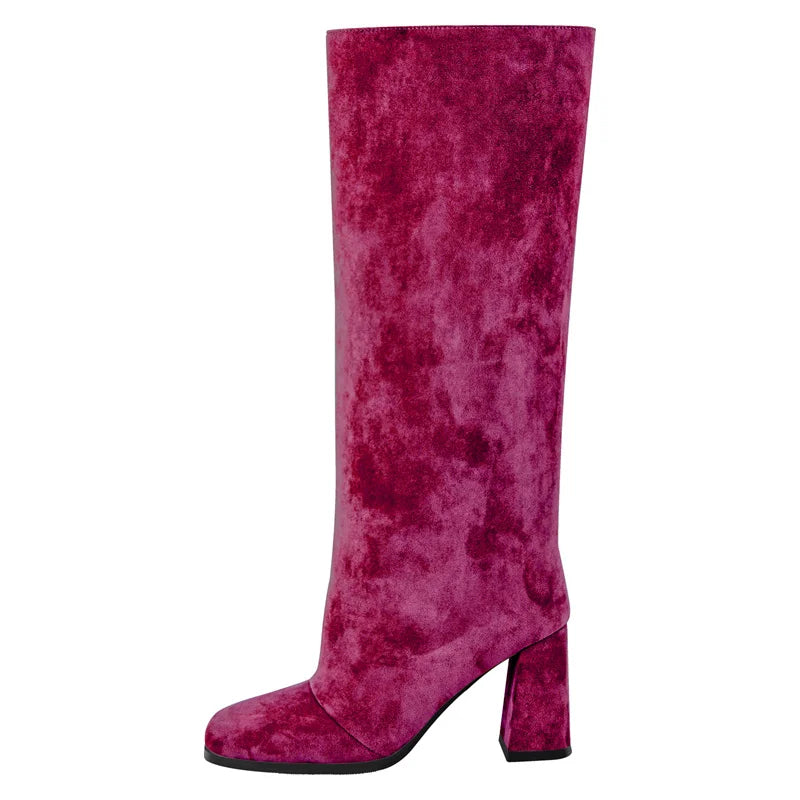 Onlymaker Square Toe Faux Suede Leather Knee-high Boots Chunky Heel Shoes Autumn Solid Slip On Fashion Elegant Boots