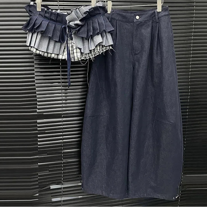 2026 Early Autumn New Fashion Straight Wide-leg Jeans For Women Niche Patchwork Plaid Waistband Female Trendy 11A06311