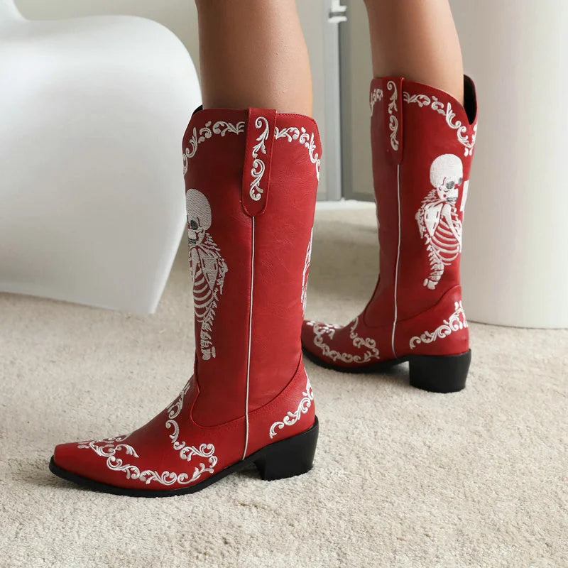 Onlymaker Women Skeleton Embroidery Halloween Western Sewing Floral Cowboy Boots Retro Mid-Calf Western Boots