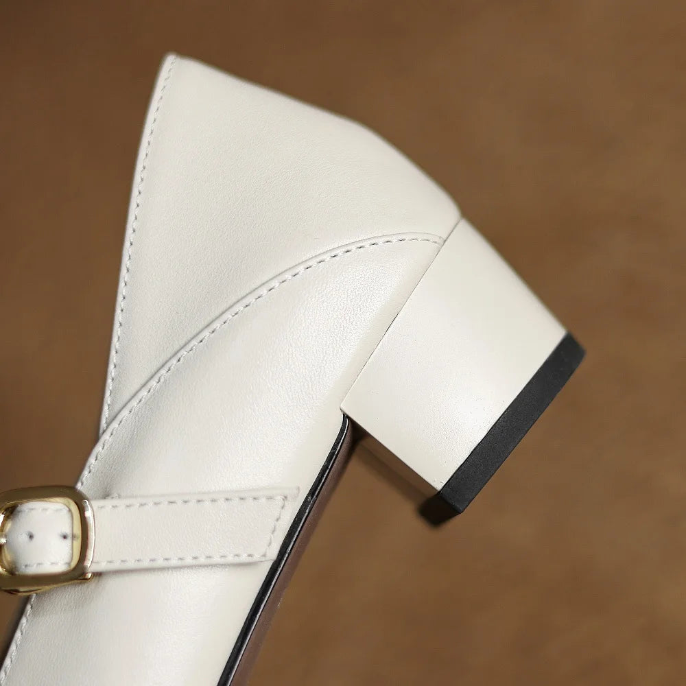 Handmade Genuine Leather Round Toe Med Heels Shallow Mary Janes Rivets Sweet Casual Elegant Luxury Dating 34-41