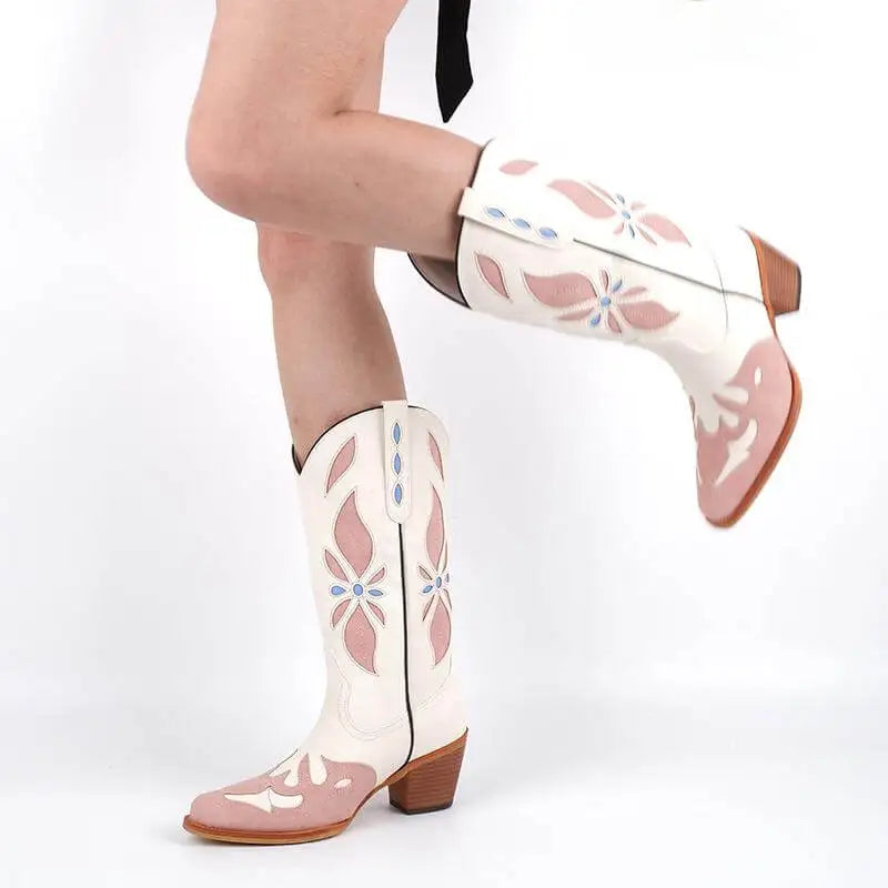 Onlymaker Women Pointed Toe Pull-on Knee High Western Boots Comfy  Wide Calf Chunky Heel Retro Classic  Cowgirl Boots