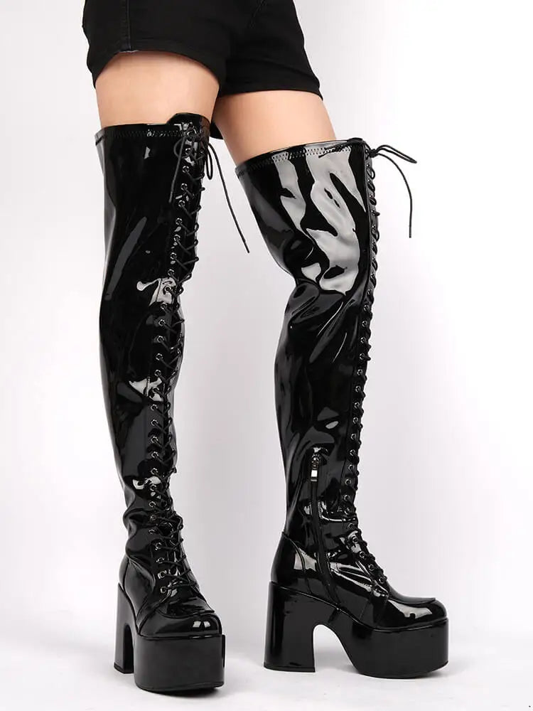 Onlymaker Round Toe Platform Patent Leather Boots Chunky Heel Gothic Boots Side Zipper Lace-up Thigh High Punk Boots