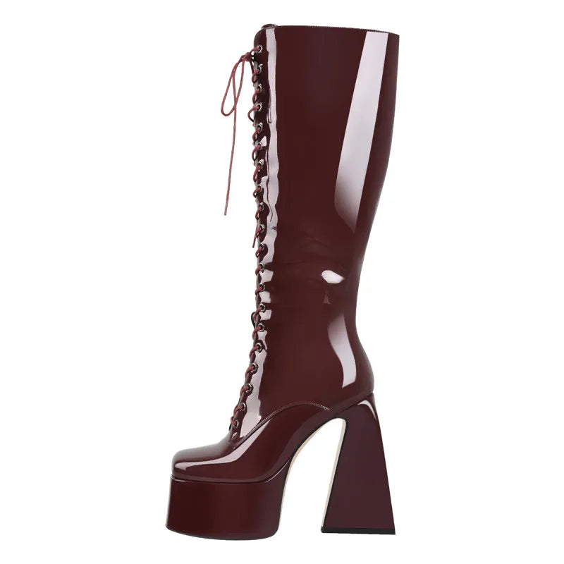 Onlymaker Women Square Toe Platform Zip Chunky Heel Knee High Patent Leather Lace Up Lady Black Boots