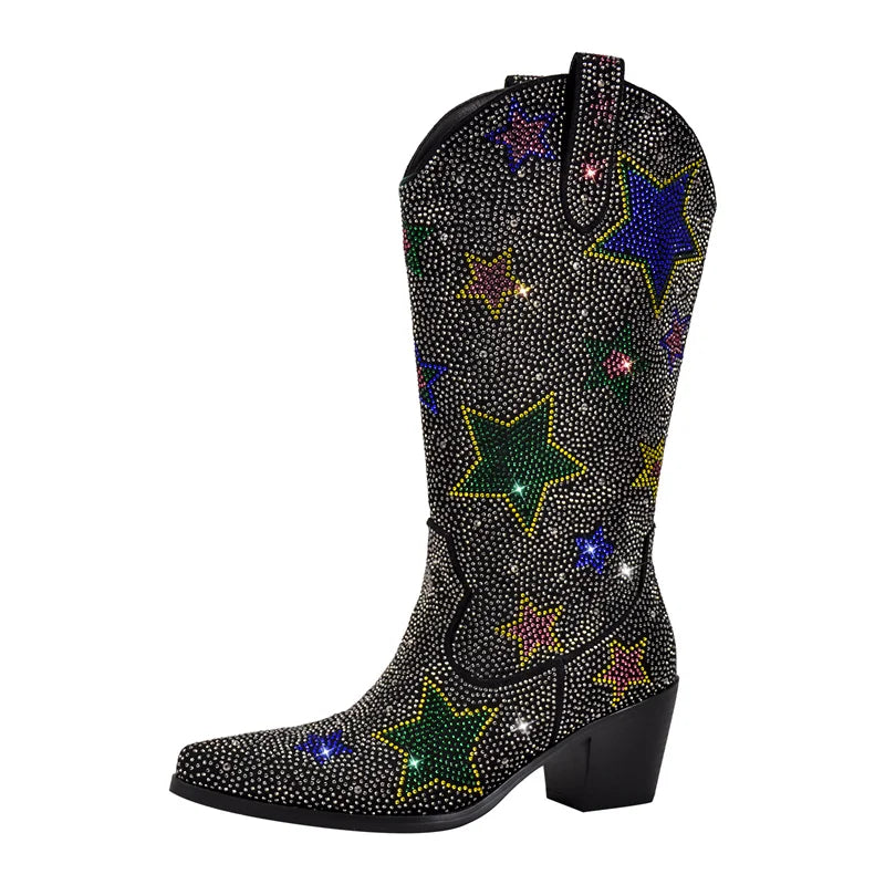 Onlymaker Women Rhinestone  Mid-Calf Boots Glitter Bling Shiny Western Pointed Toe Block Heel Pull-On Cowgirl Booties