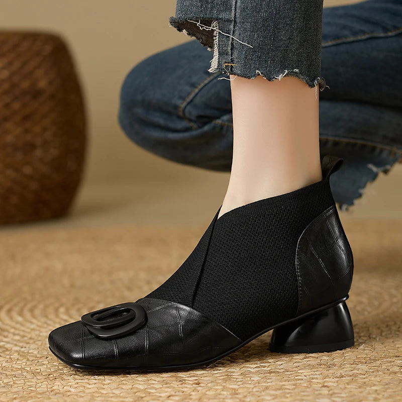Handmade Brand Genuine Leather Women Ankle Boots Mid Heels Square toe Autumn Winter Dress Party Lady 34-43