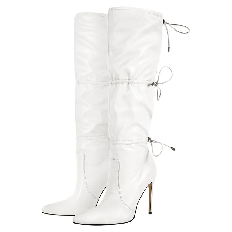 Onlymaker Women Pink Faux Leather Drawstring Knee High Boots 10.5cm Thin Heels Big Size  Boots