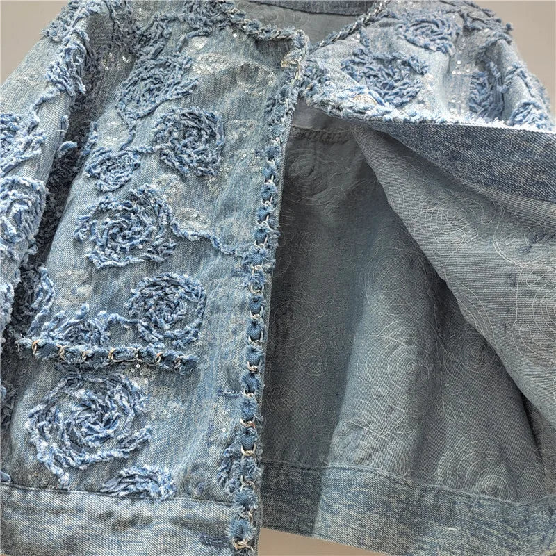 2026 Jeans Jacket Spring New Fashionable Elegant High-end Embroidered Short Denim Jacket For Women O-neck High Waist Coat 11A08304