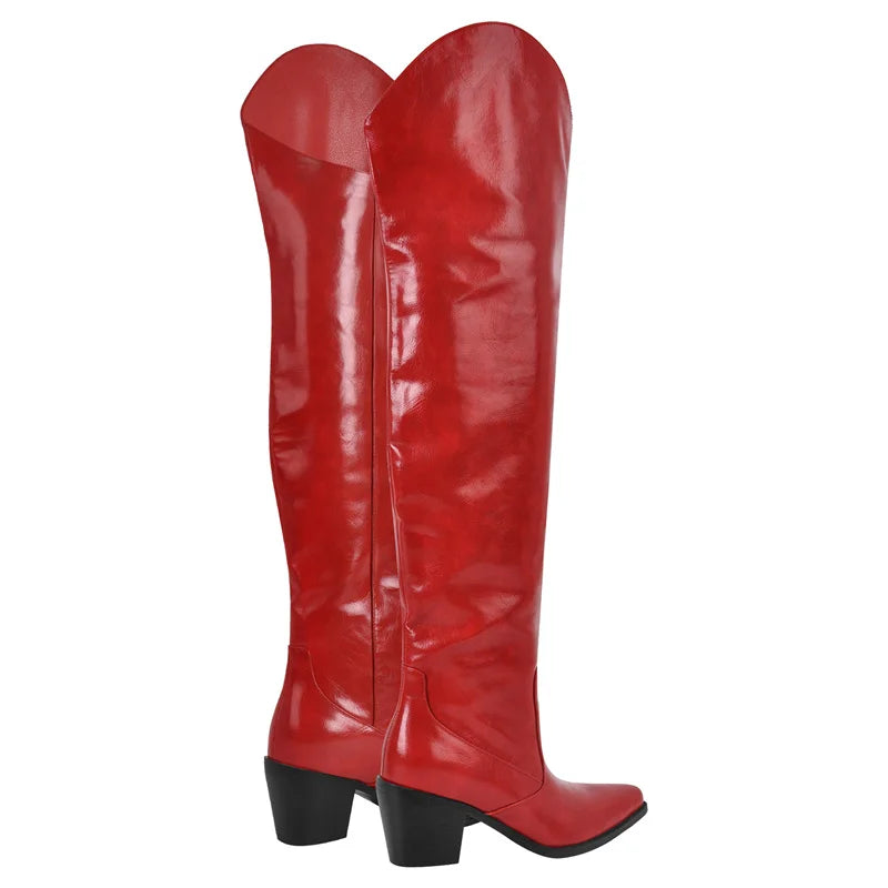 Onlymaker Women Red Pointed Toe Over The Knee High Boots 6.5CM Heel Winnter Thigh Boots