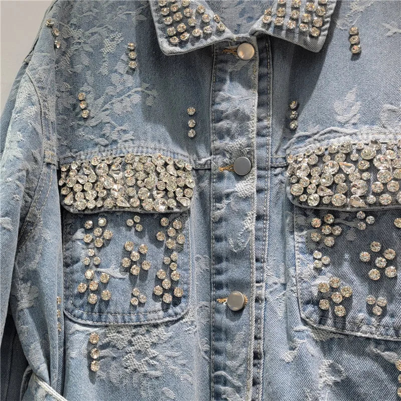 2026 Jeans Jacket Spring New Style Heavy Industry Diamond Design Jacquard Mid-Length Denim Jacket For Women With Belt Coat 11A08466