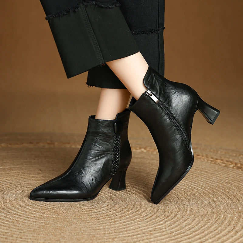 Handmade Genuine Leather Sexy Soft and comfortable Ankle Boots Women Retro Pointed Toe Chunky Short Boot