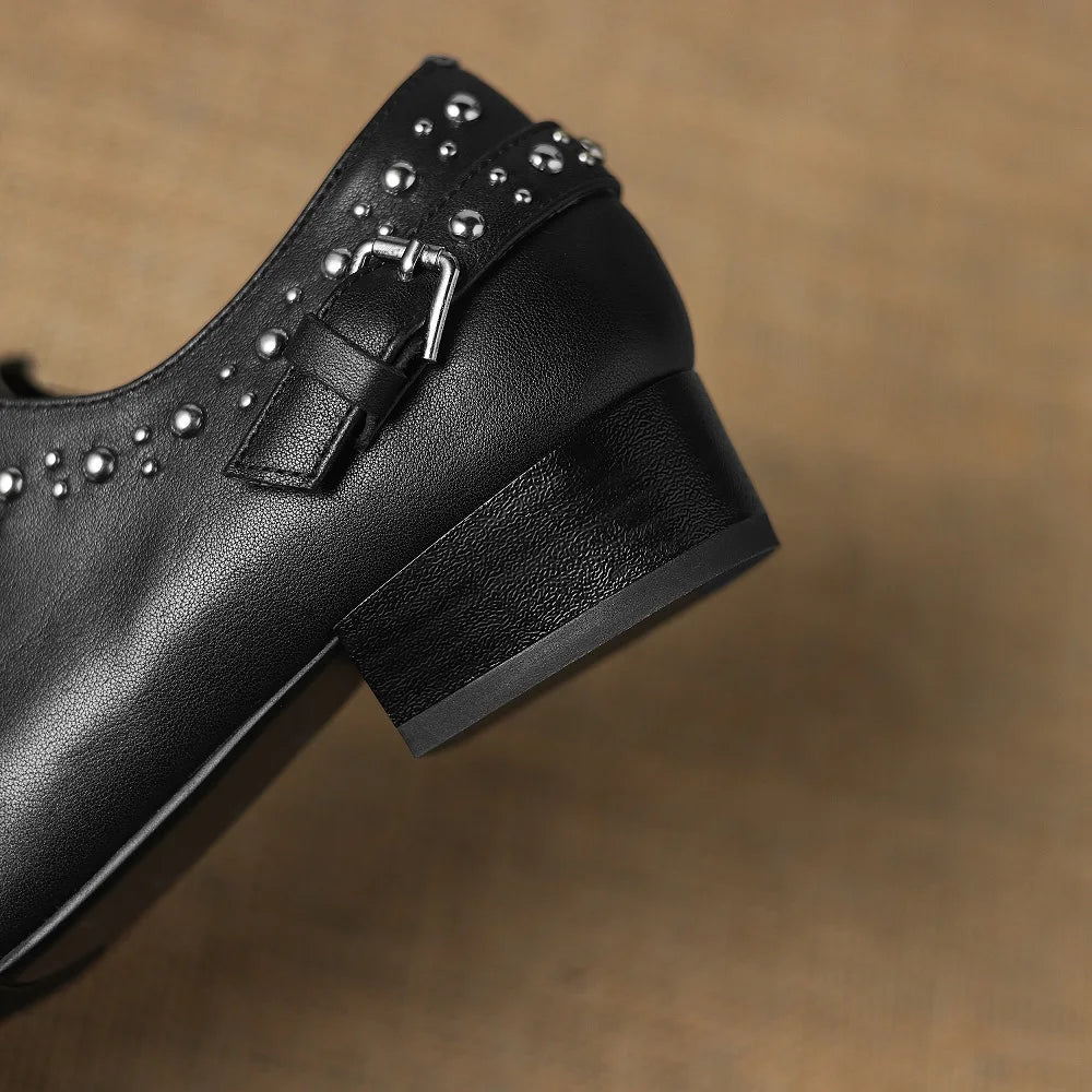 Women's Handmade Genuine Leather with Pointed Toe Mid Heel Casual Office Slip-On Dress Shoes for Girls 33-43