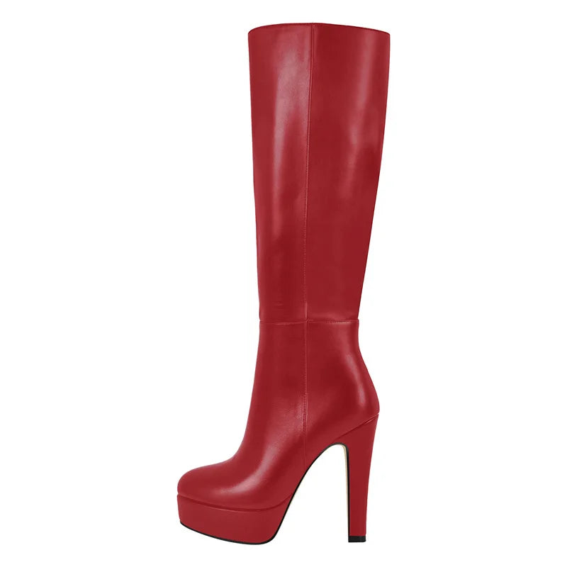 Onlymaker Women Round Toe Wide Calf Platform Knee High Boots Chunky Heel With Side Zipper Concise Tall Modern Boots