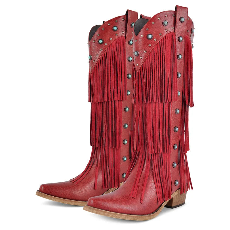 Onlymaker Women Pointed Toe Fringe Pull-on Knee High Boots Comfy Pull On Mid Calf Chunky Heel Embroidered Western Boots