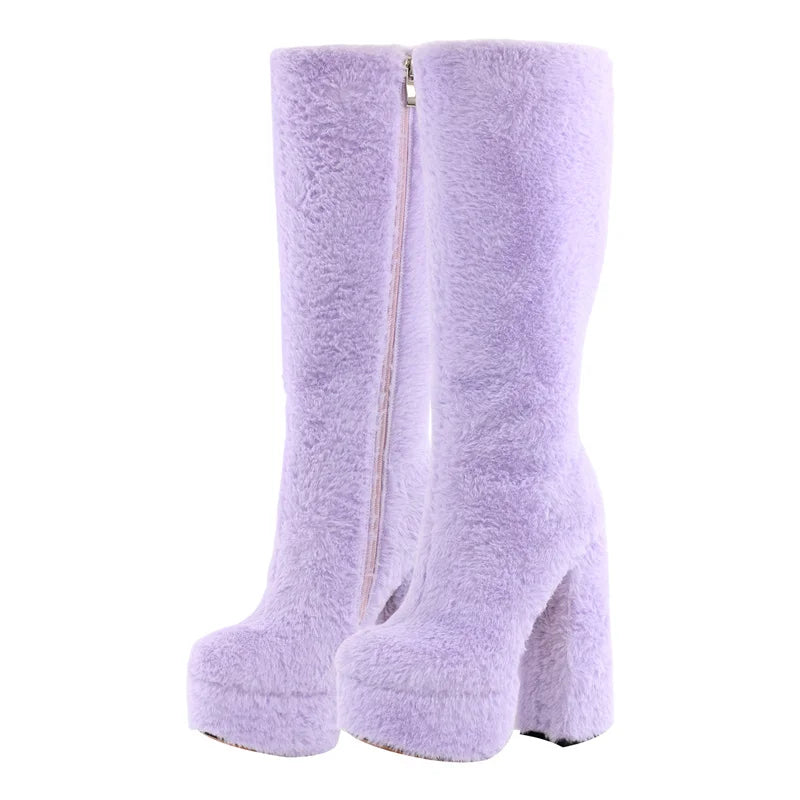 Onlymaker Women Rose Pink Platform Round Toe Chunky Heel Fluffy  Side Zip Lady  Knee High Fashion Boots