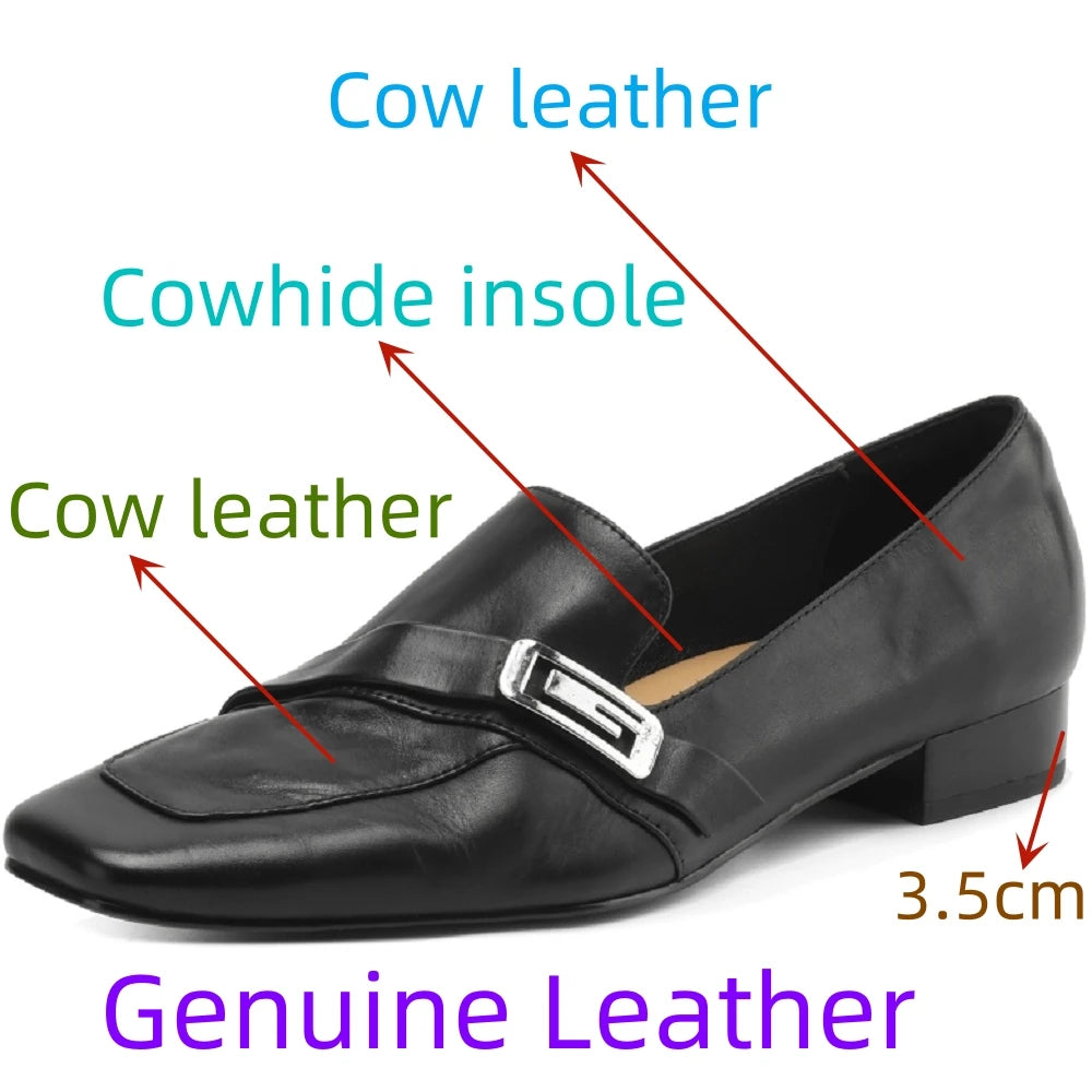 women Handmade Genuine Leather thick med heel Square toe elegant ladies style daily slim dress shoes 34-41