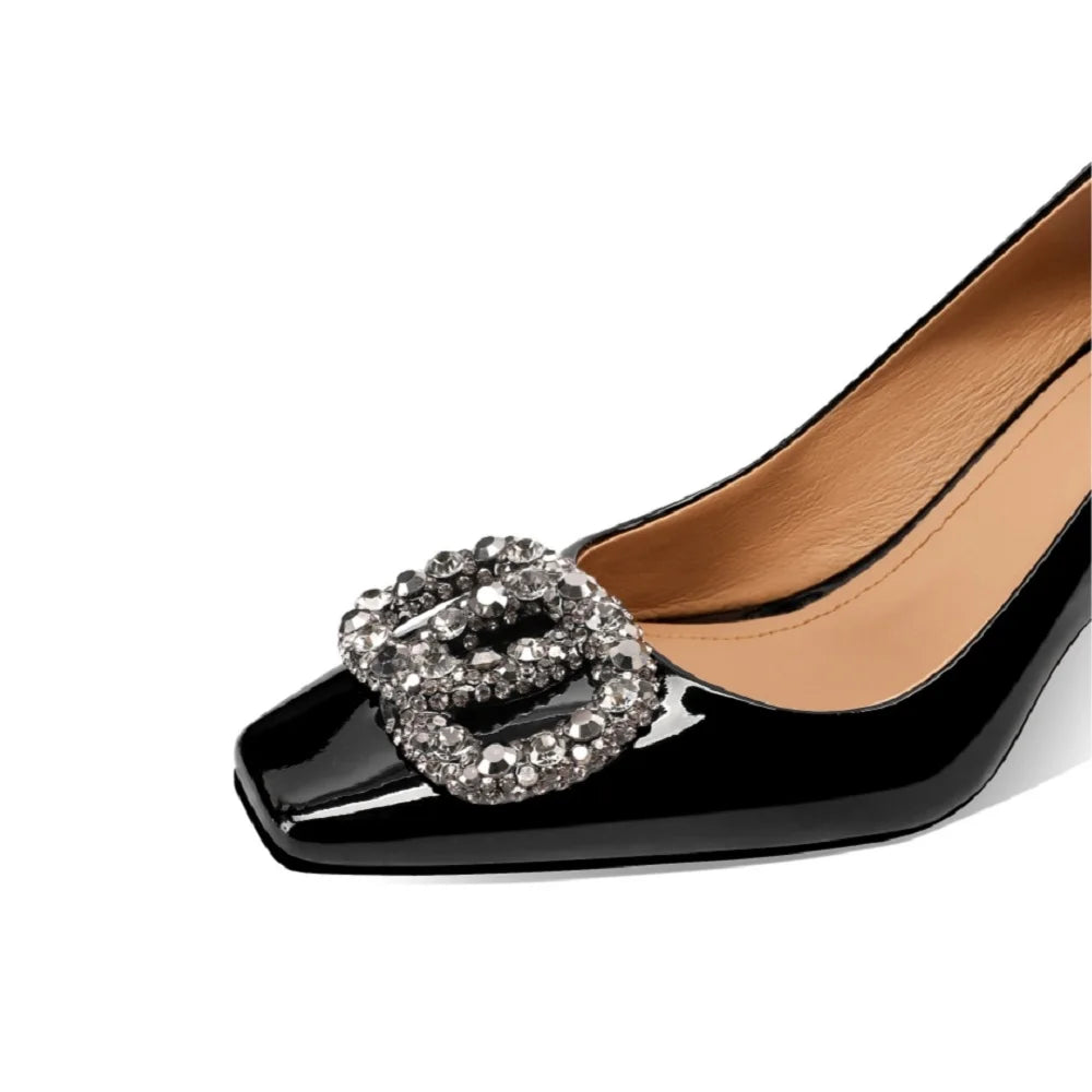 Women Handmade Genuine Leather Square Heel Sexy High Heels Wedding Shoe Ladies Round Toe Metal Buckle Party 33-43