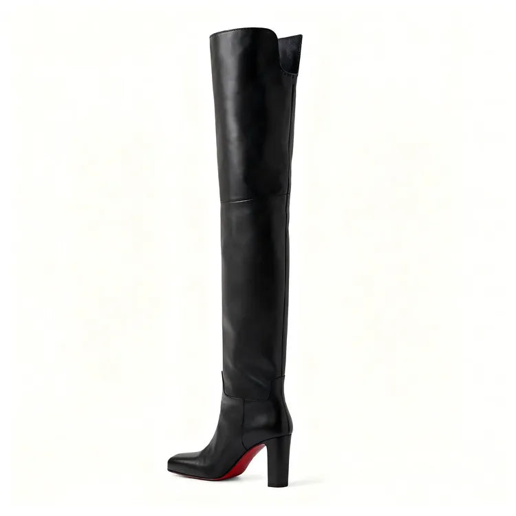 2026 Women's New Black Leather Round Toe Over The Knee Women's Boots, Thick High Heels, Fashionable Size 34-46 Large Women's Boots
