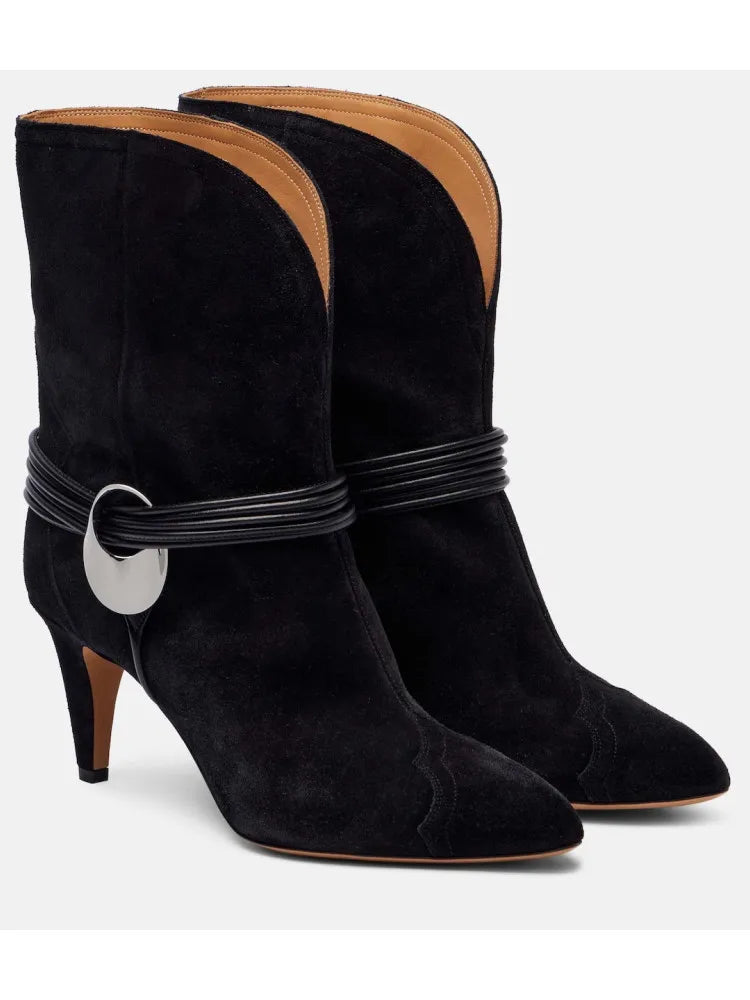 New Round Toe Slim Fit High Heels Knee High Women's Boots Autumn and Winter Fashion Mid Length Boots Women's Short Boots