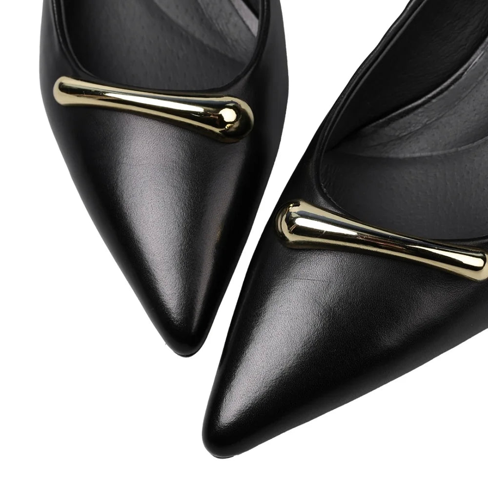 Handmade Genuine Leather Metal Buckle Pointed Toe Mid Heel Soft and comfortable Women's Version 34-40