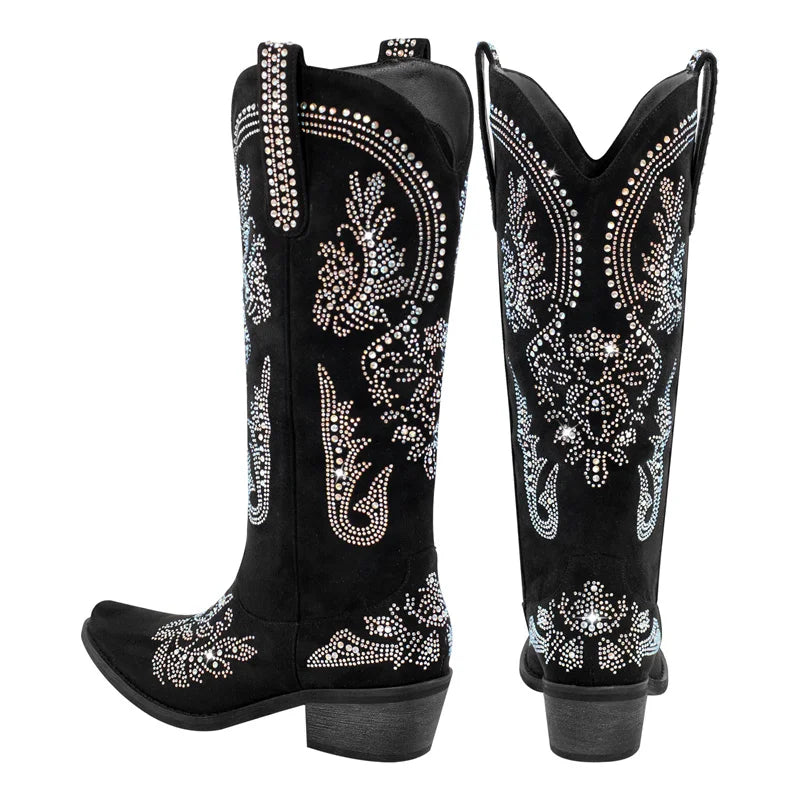Women Pointed Toe Rhinestone Western Cowboy Boots Black  Female Wide Mid Calf Boots