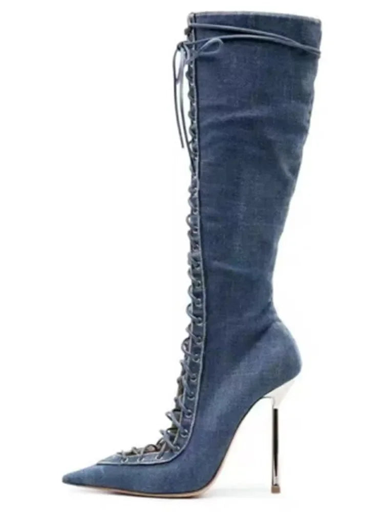 2026 Spring/Summer New Lace Short Mesh Cool Boots Side Zipper Banquet Slimming High Heels Sexy Knee Length Women's Boots