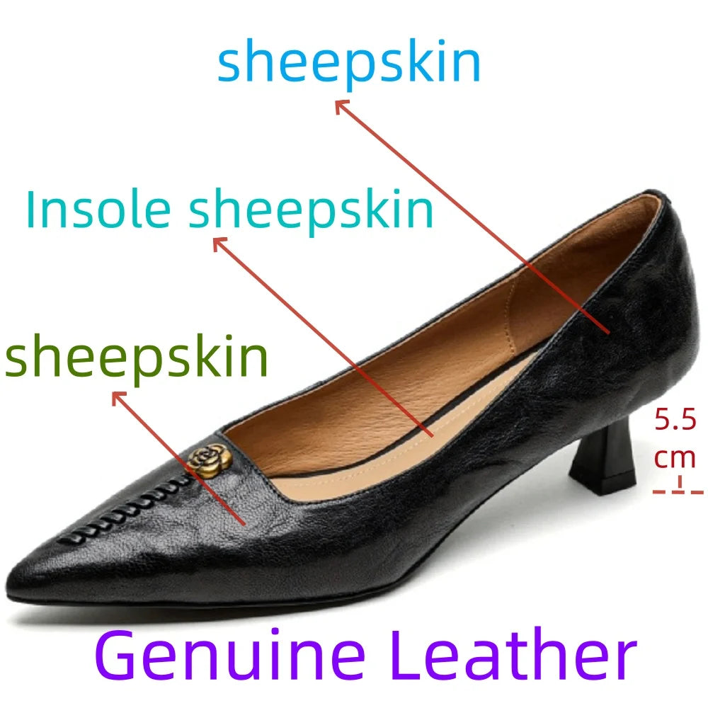 Handmade Genuine Leather Comfortable Retro Style Mid Heels Pointed Head Season Women Shoes 34-40