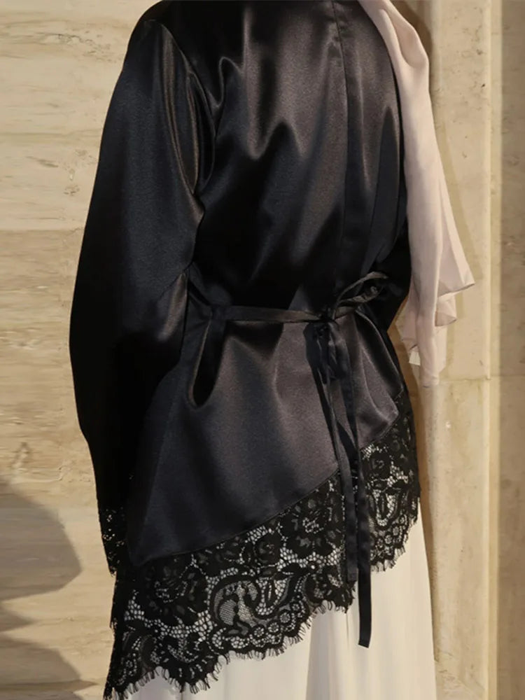 Elegant Solid Lace Trim Satin Blouse For Women Fashion O-neck Long Sleeve Lace Up Waist Tops Lady 2026 Spring Chic Streetwear