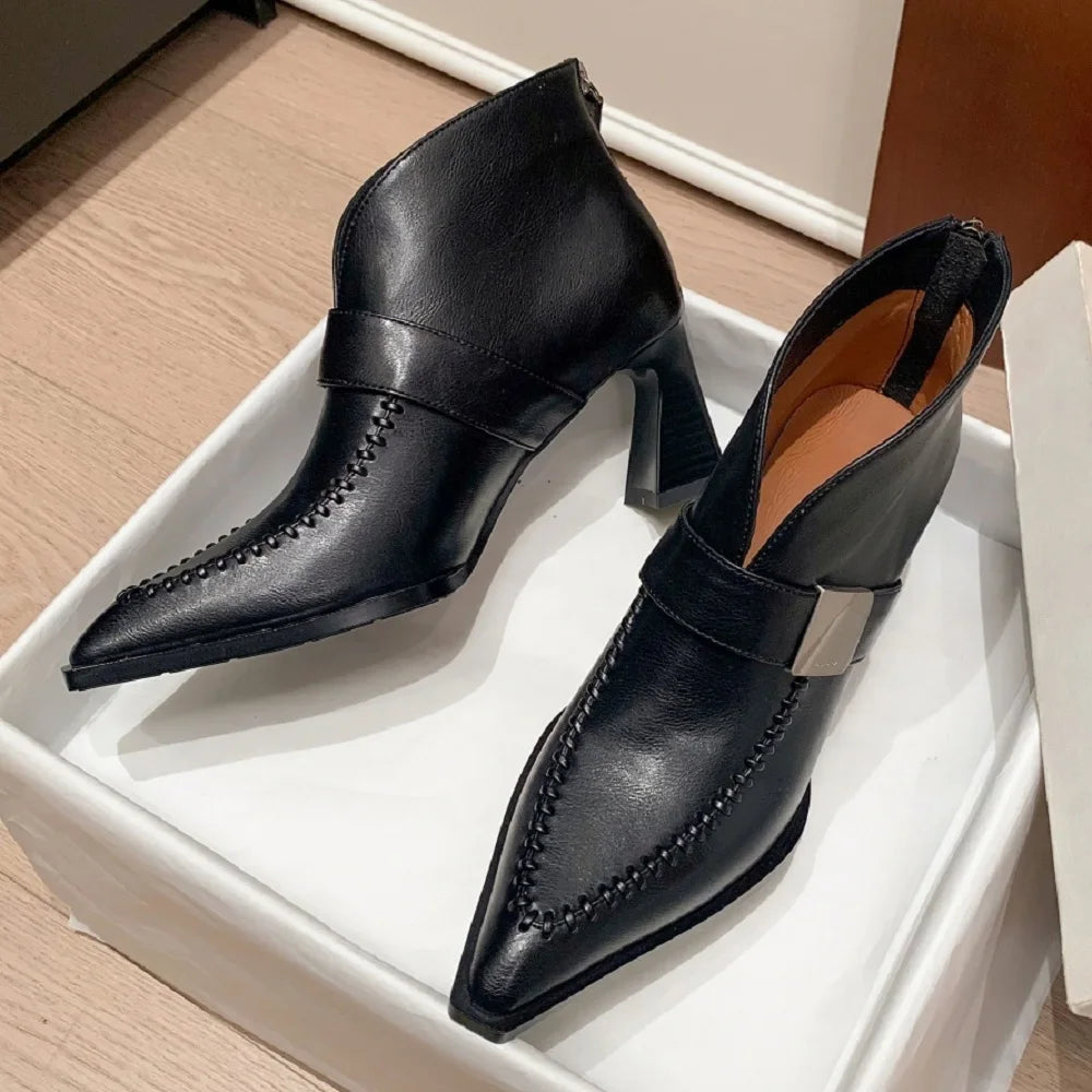 New Handmade Genuine Leather Soft and comfortable Pointed Toe Boots Chunky High Heels Shoes Ankle Boots 33-40