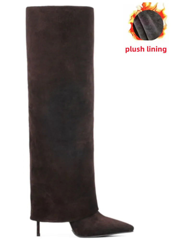 Autumn and Winter New Women's Knee High Leather Boots, Pointed Thin High-heeled Skirt Boots, Black Plus Size Long Boots