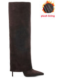 Autumn and Winter New Women's Knee High Leather Boots, Pointed Thin High-heeled Skirt Boots, Black Plus Size Long Boots