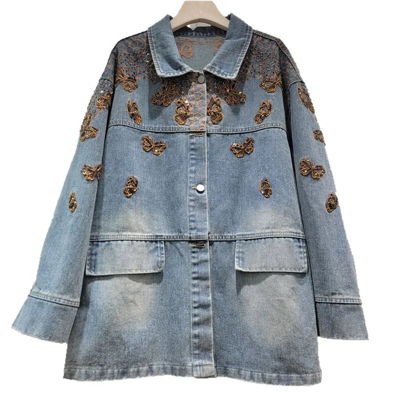 2026 Jaens Jacket Spring New Heavy Beaded Butterfly Embroidery Denim Jacket For Women Loose Single-breasted Coat Female Trendy 11A08681