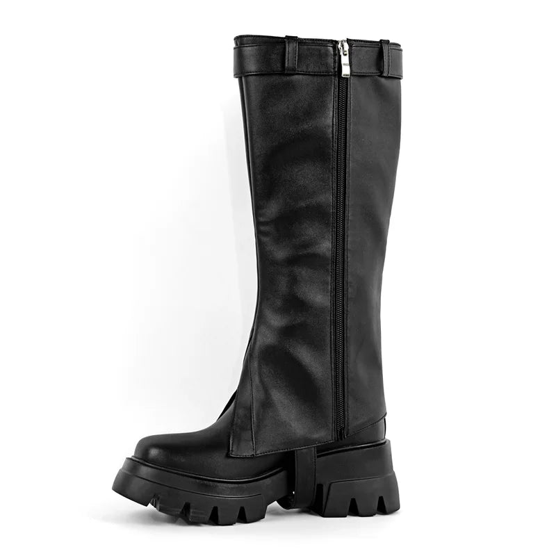 Onlymaker Women Round Toe Removable Shaft Black Boots Fashion Punk Boots