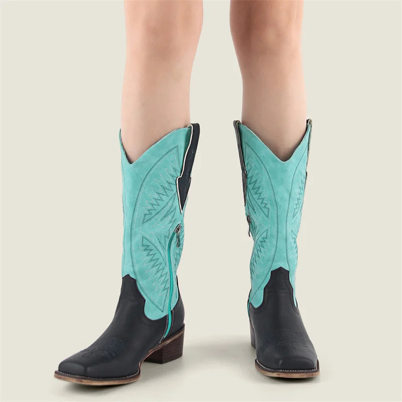 Onlymaker Women Square Toe Embroidered  Western Boots Block Heel Fashion Big Size Side Zipper Cowgirl Boots