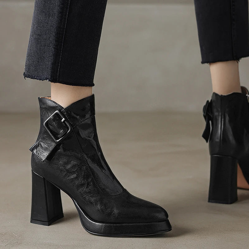 Women Handmade Brand Genuine Leather Ankle Boots Chunky Block High Heels Buckle Pointed Toe Shoes