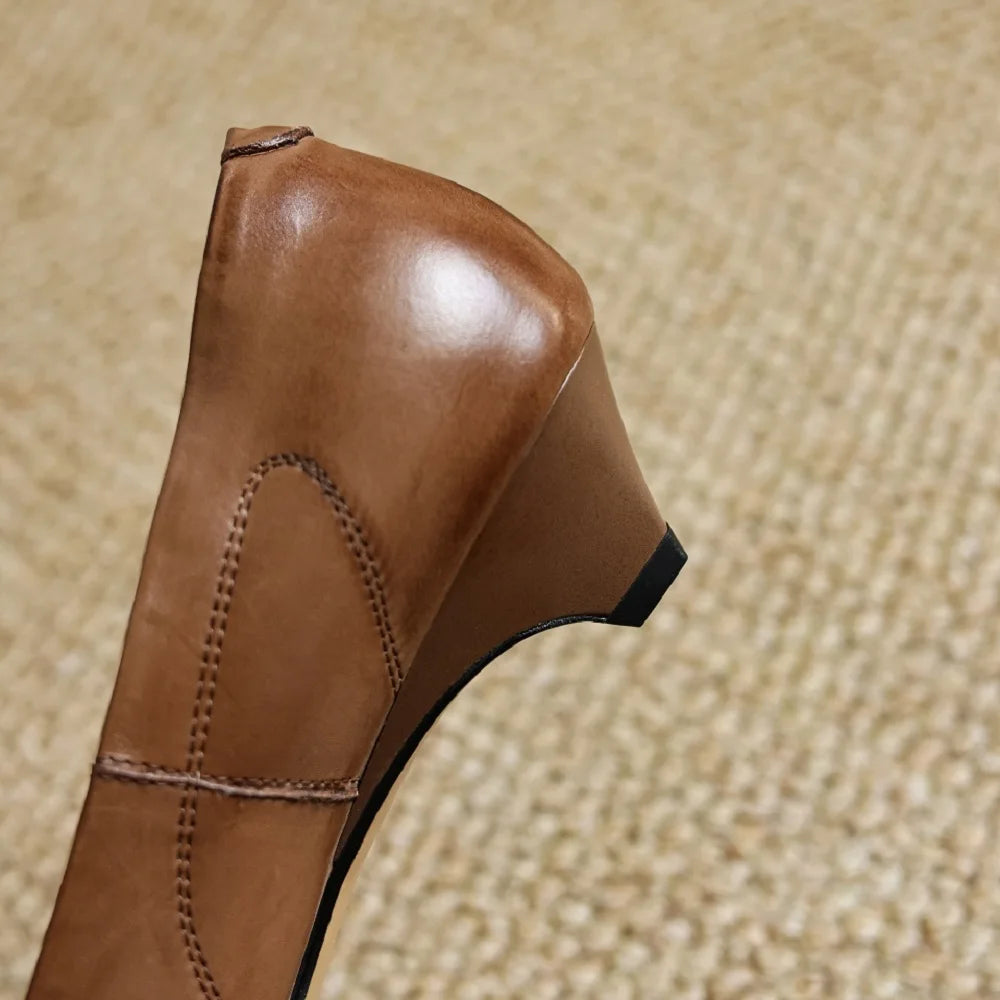 Women Handmade Genuine Leather Soft and comfortable Mid Heel Shoes For Ladies Daily Office Lady Dress