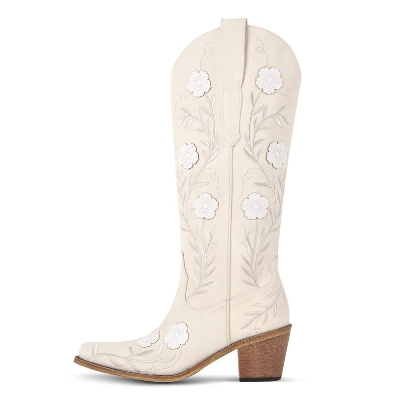 Onlymaker Women Pointed Toe Side Zipper Embroidery Flower Western Cowgirl Boots Chunky Heel Embroidery Cowboy Boots