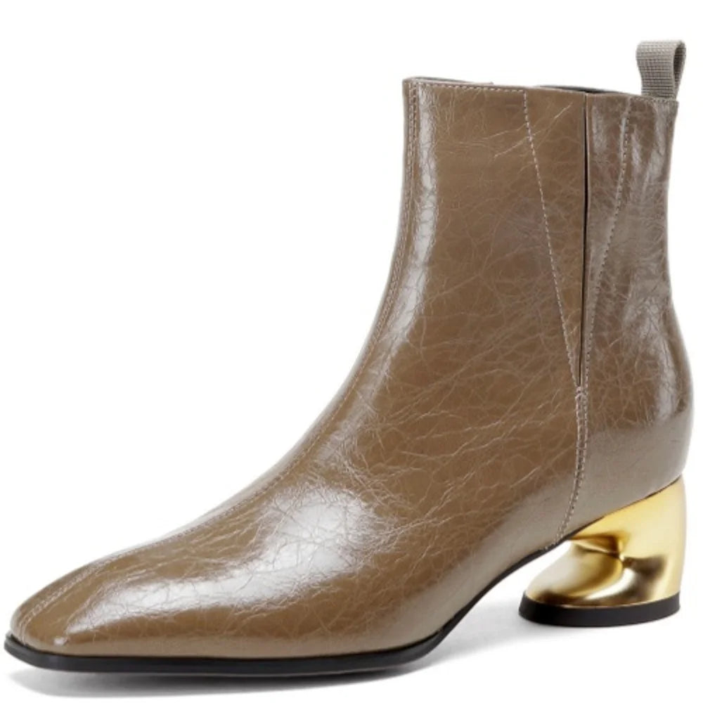 Autumn/Winter New Handmade Genuine Leather Mid Heels Women's Short Boots Square Head Side Zipper Ankle Boots