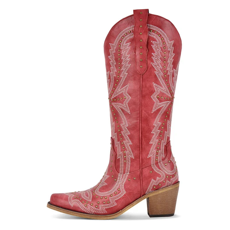 Onlymaker Women Pointed Toe Mid Calf  Pull-on Knee High Cowgirl Boots Comfy  Chunky Heel Western Boots