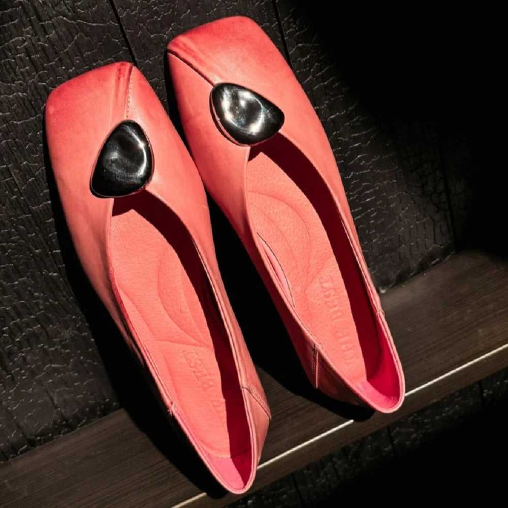 Handmade Genuine Leather Metal Low Hells Bottom Single Shoes for Women Spring Wedding New Soft Bottom Ultra Shoes